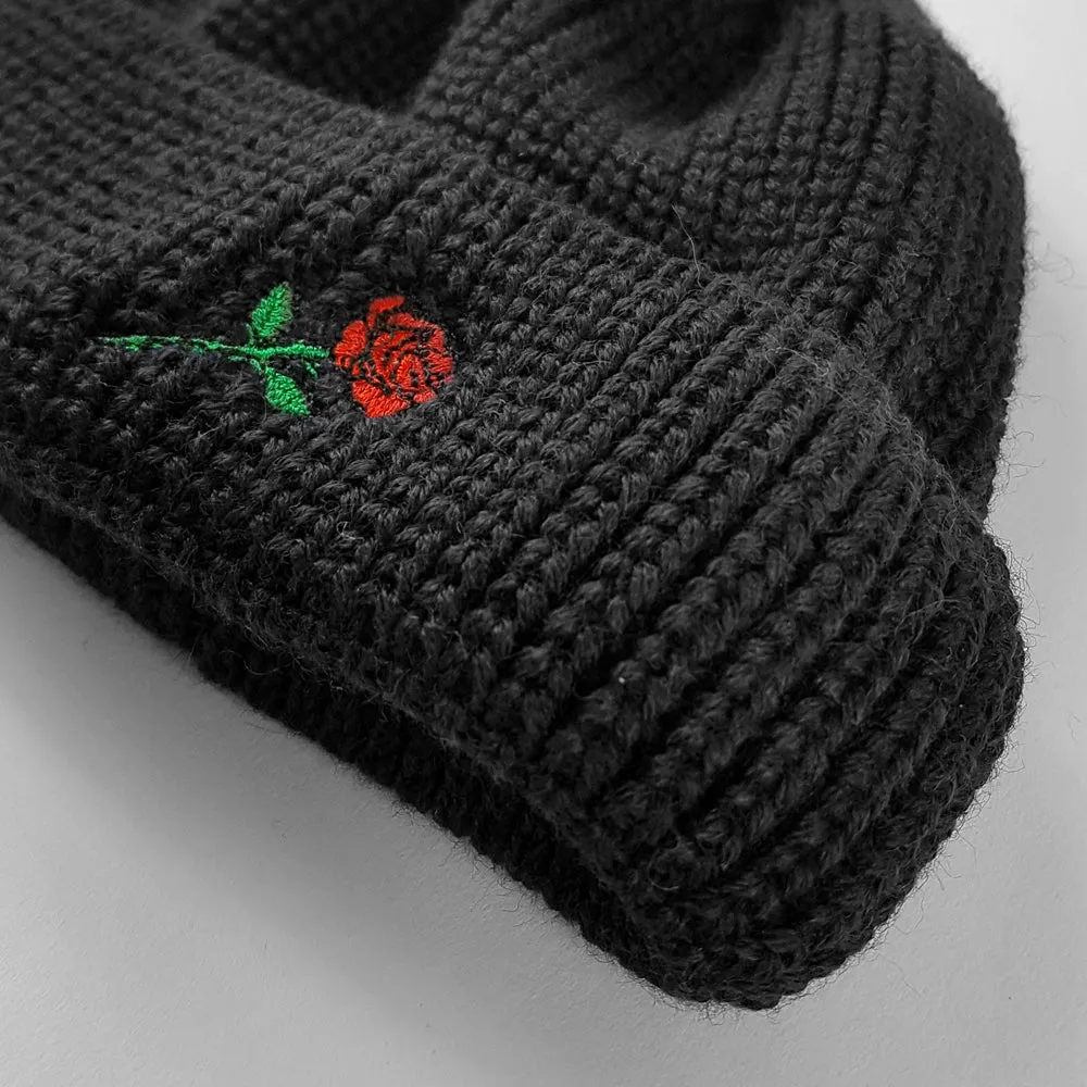 SHORT WOOL ROSE EMBROIDERY BEANIE - BLACK