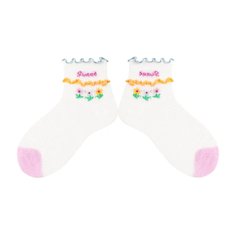 Sweetnana 4-Pack "Sweet Rabbit" Series Children's Seamless Socks: Crimping Mesh Socks with Stripes and Dots Design, Thin and Breathable Ankle Socks.