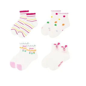 Sweetnana 4-Pack "Sweet Rabbit" Series Children's Seamless Socks: Crimping Mesh Socks with Stripes and Dots Design, Thin and Breathable Ankle Socks.