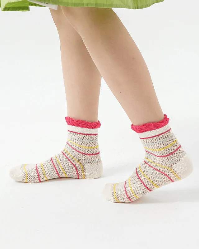 Sweetnana 4-Pack "Sweet Rabbit" Series Children's Seamless Socks: Crimping Mesh Socks with Stripes and Dots Design, Thin and Breathable Ankle Socks.