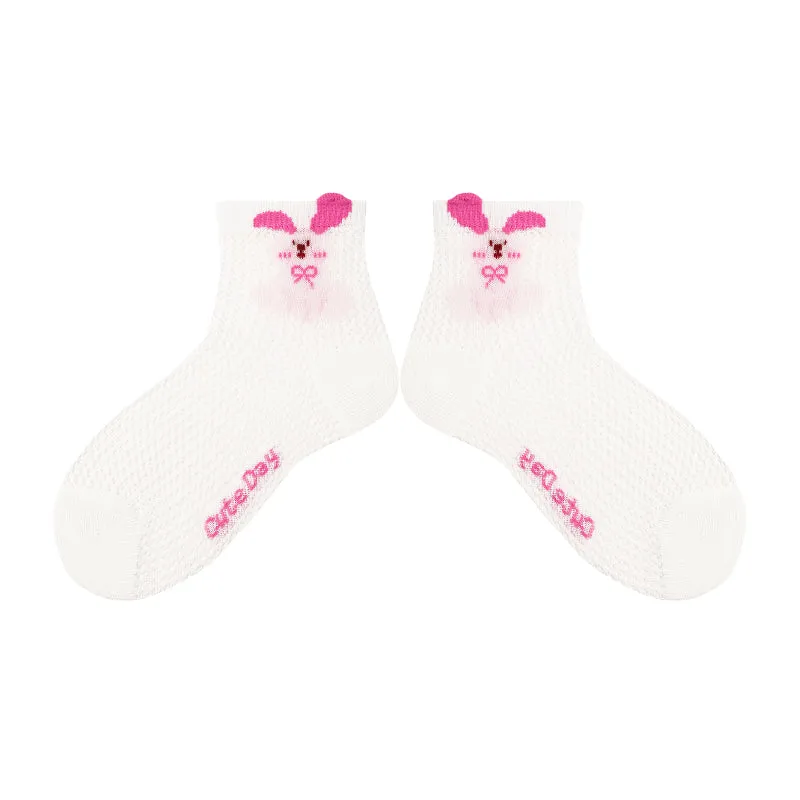 Sweetnana 4-Pack "Sweet Rabbit" Series Children's Seamless Socks: Crimping Mesh Socks with Stripes and Dots Design, Thin and Breathable Ankle Socks.