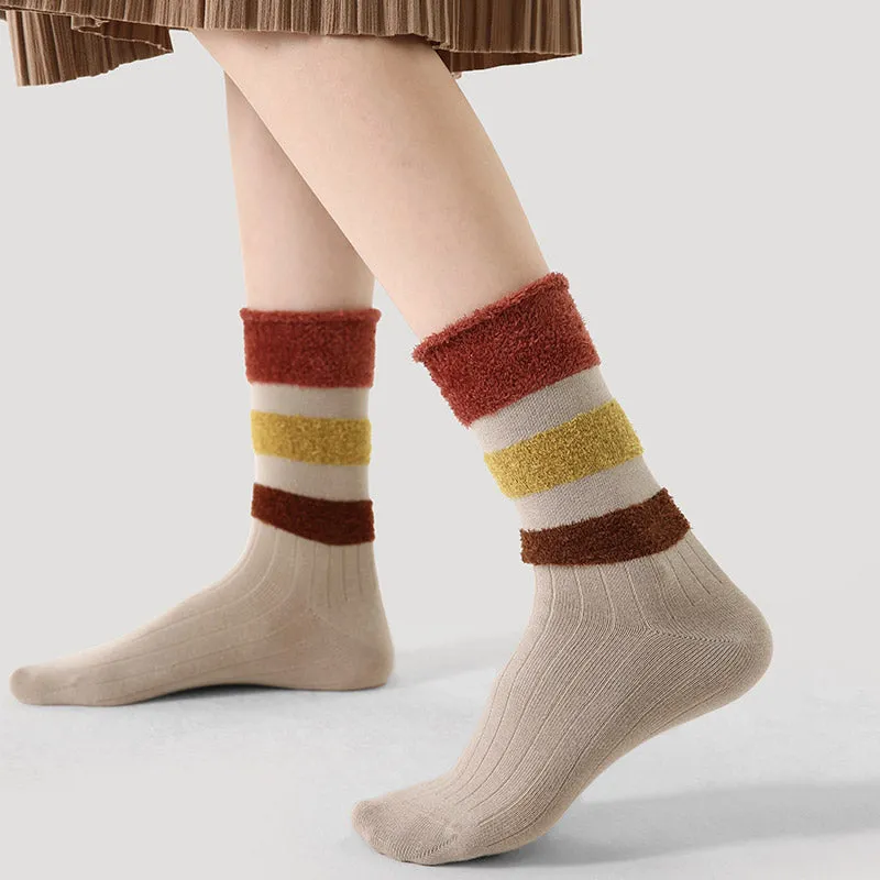 Sweetnana F/W Women's Socks, Plush Stitching Contrast-Color Socks, Warm Stack Crew Socks