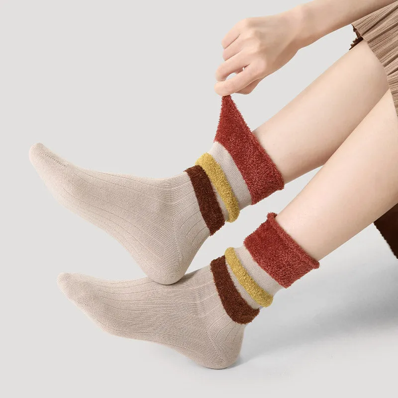 Sweetnana F/W Women's Socks, Plush Stitching Contrast-Color Socks, Warm Stack Crew Socks