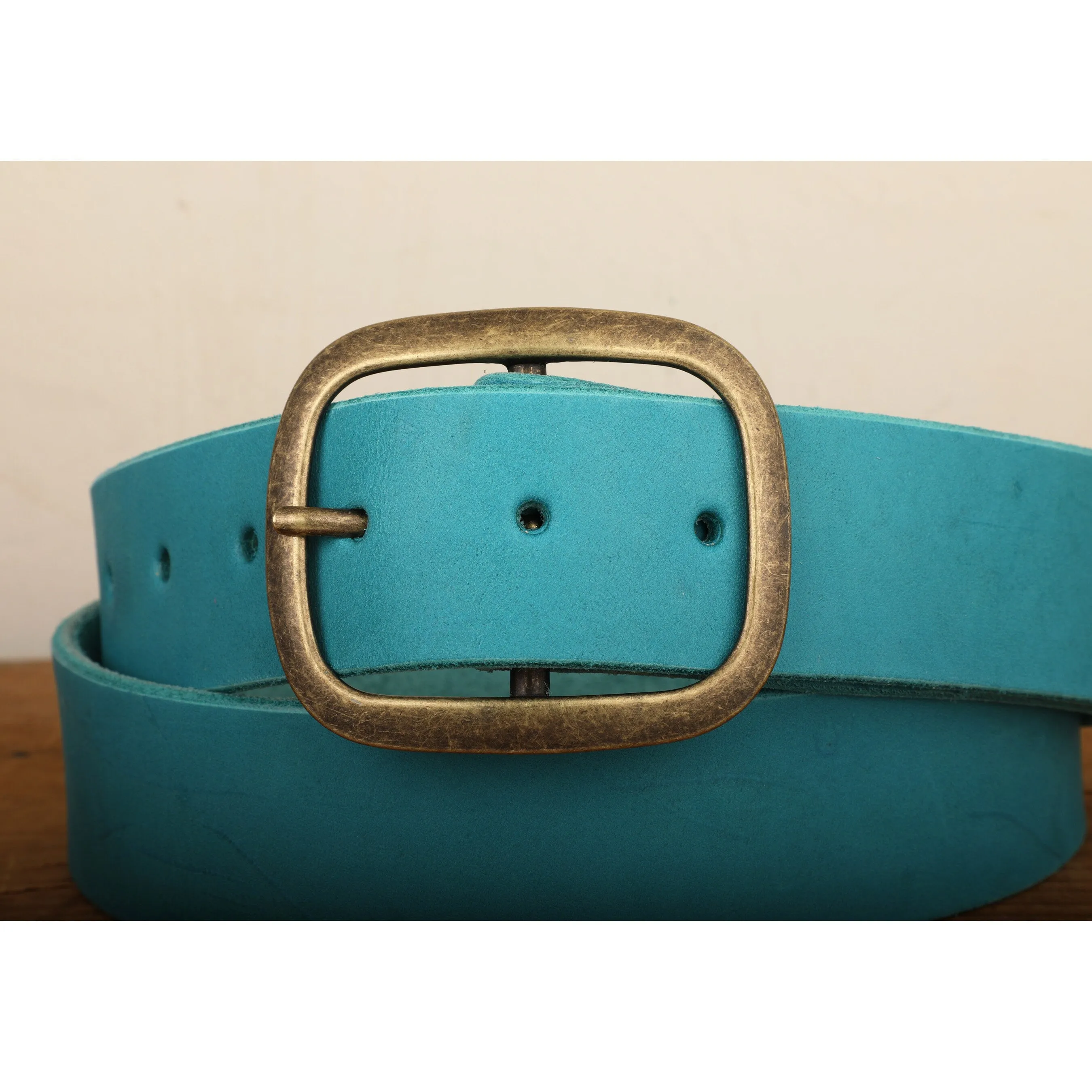 Turquoise Leather Belt with Antique Gold Tone Brass Buckle