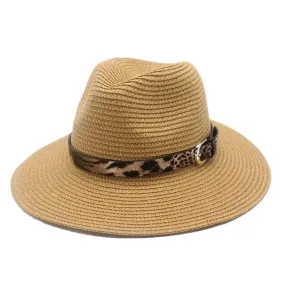 Unisex Straw Panama Fedora Sun Hat Wide Brim-with leopard print ribbon-assorted colors available