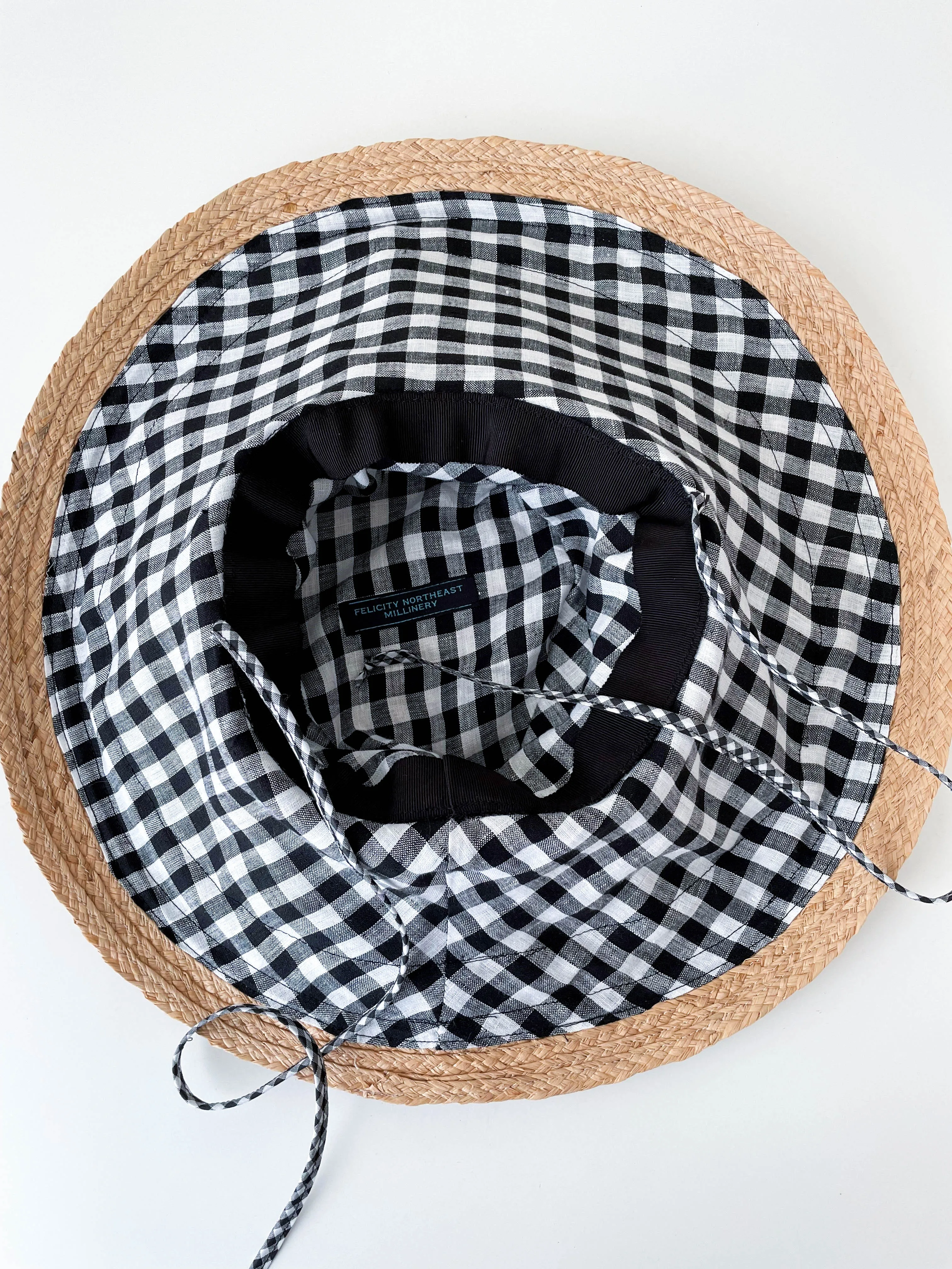 Wide Brimmed Canvas and Raffia Sun Hat: Black and Gingham