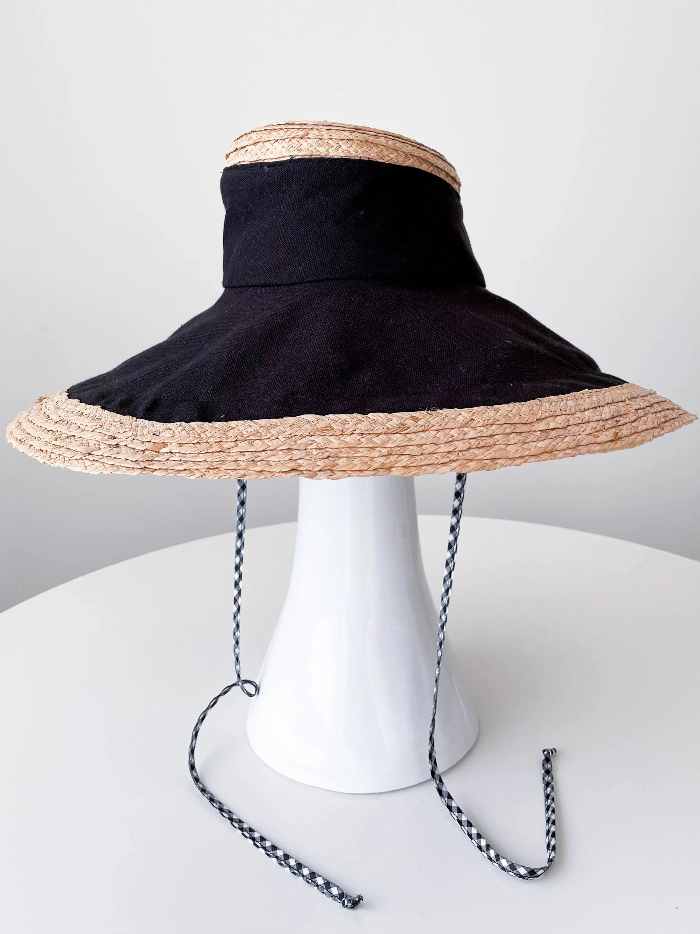 Wide Brimmed Canvas and Raffia Sun Hat: Black and Gingham