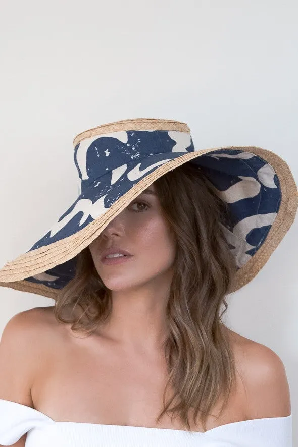 Wide Brimmed Canvas and Raffia Sun Hat: Blue Moon