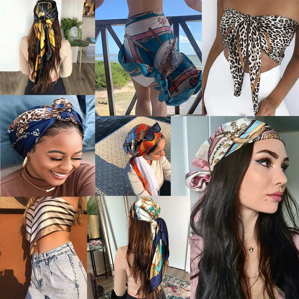 Women Vintage Four Seasons Silk Scarf top Headwraps