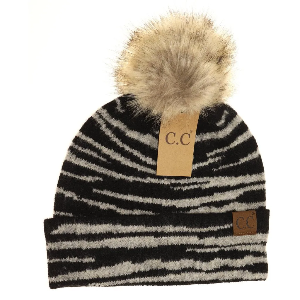 Zebra Pattern Faux Fur Pom Beanie