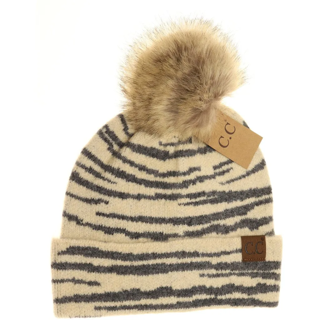 Zebra Pattern Faux Fur Pom Beanie