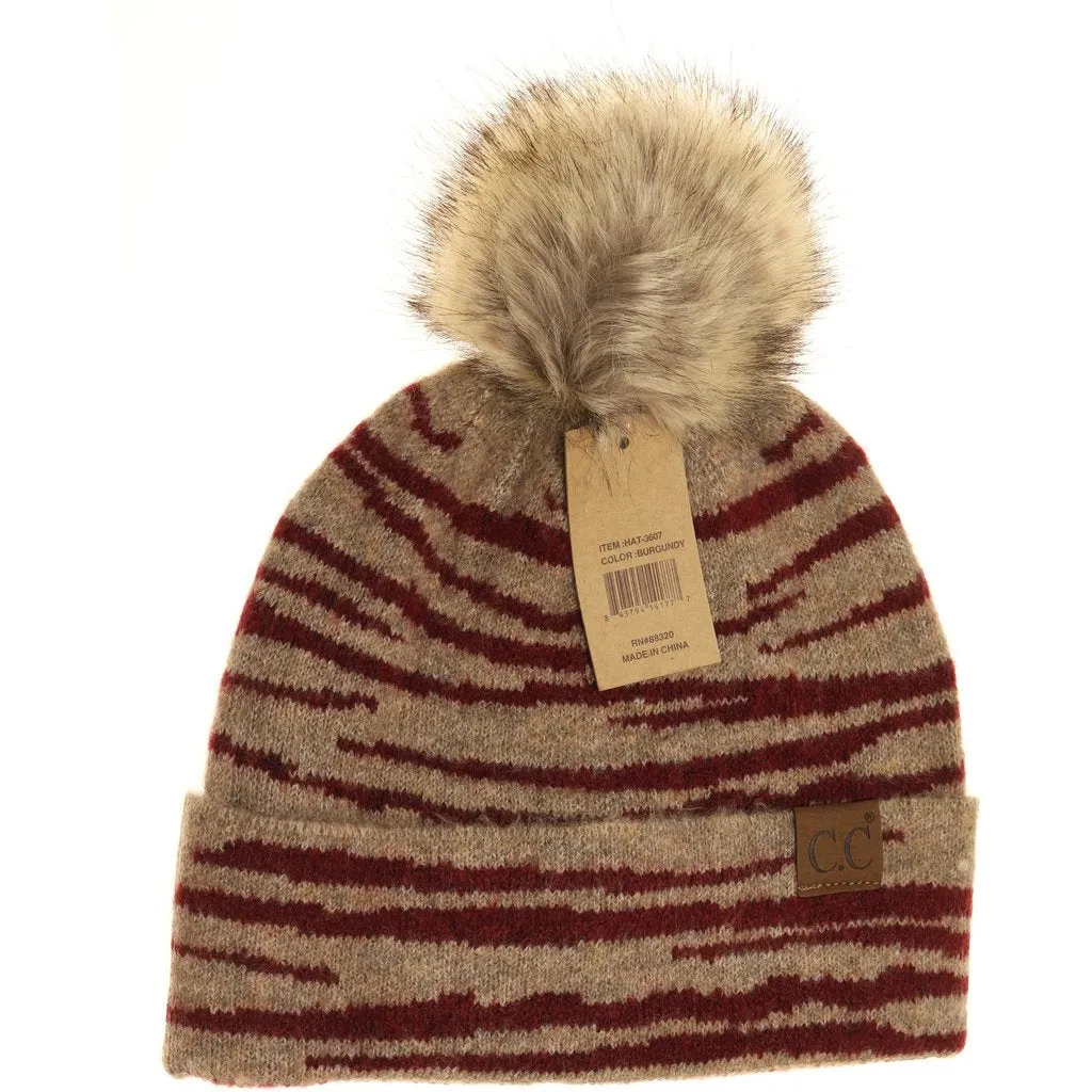 Zebra Pattern Faux Fur Pom Beanie