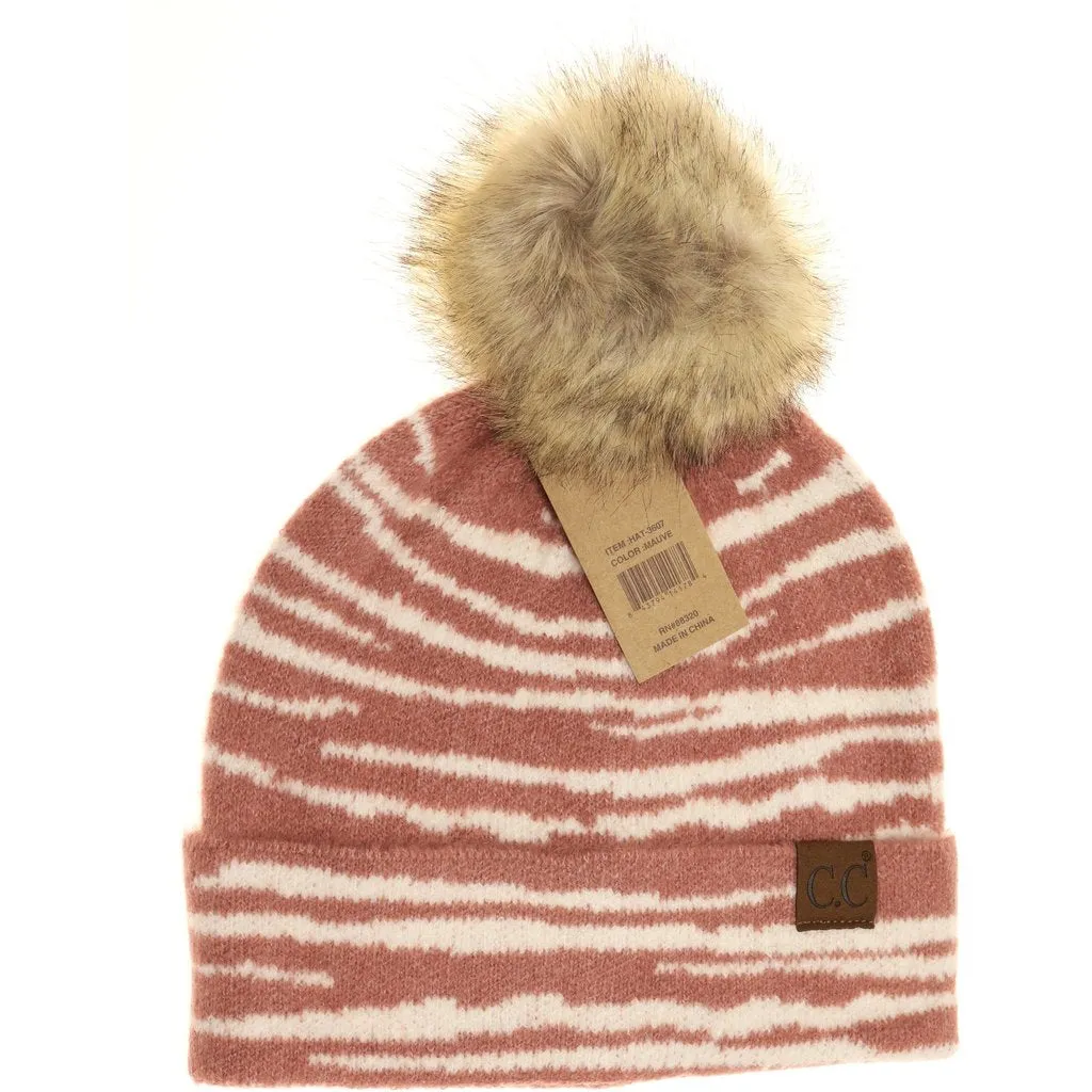 Zebra Pattern Faux Fur Pom Beanie